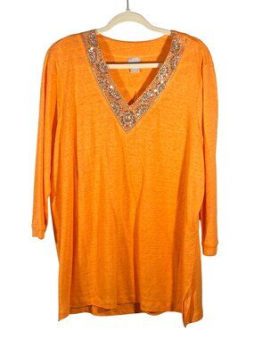 Chico’s linen tunic top Beaded V-Neck Melon Orange Chicos Size 3 US XL